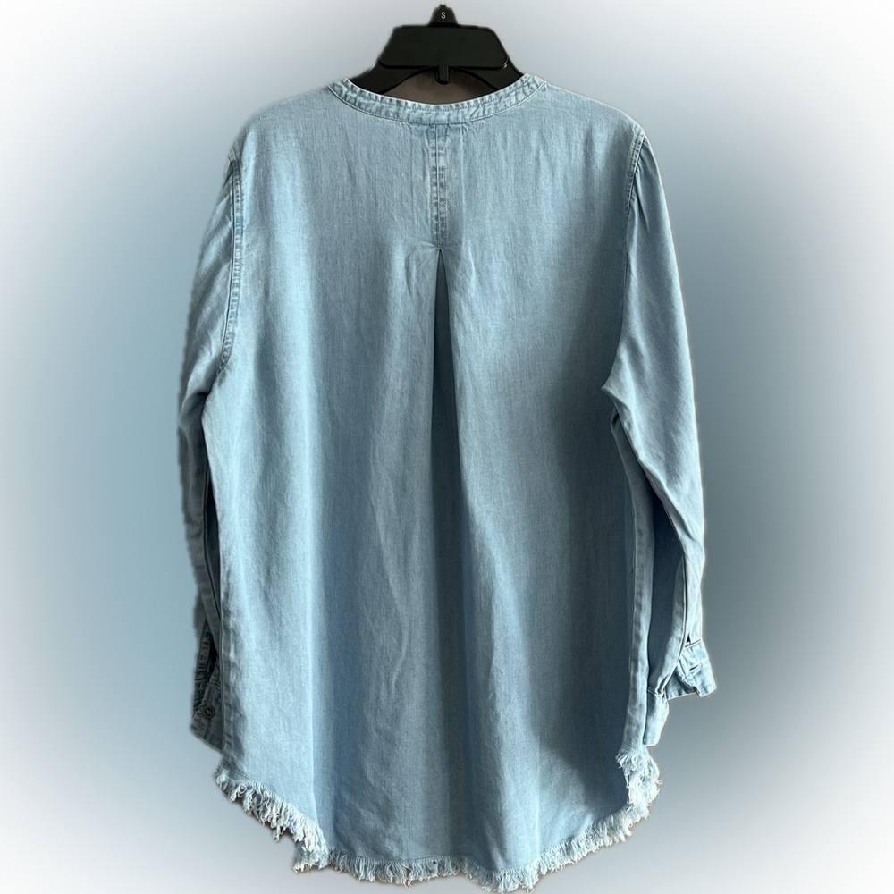 Hester & Orchard Women’s Shirt Tencel Button Slit Neck Blue Fringe Hem Small - Picture 2 of 16